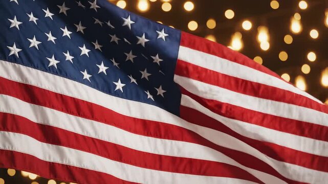 American flag waving with lights