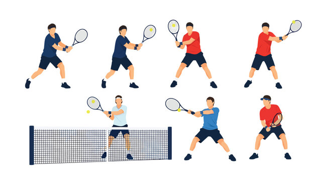 Tennis Player Vector Set: Male Athlete in Various Action Poses with Racket, Ball & Net. Sport & Fitness Illustration.