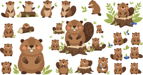 Fototapeta premium Cute beaver cartoon vector set with forest animals sitting standing wood logs and nature elements colorful illustration isolated on white background