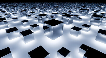 Fototapeta premium 3D minimalist geometric cubes grid with glowing edges in monochrome urban landscape