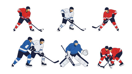 Fototapeta premium Ice Hockey Players Vector Set. Flat illustrations of athletes in various game poses including skaters, goalie, and action scenes.