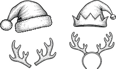 Hand drawn vintage style set of Christmas headwear featuring Santa hat elf cap and reindeer antlers headband for festive holiday celebrations © ΠISH4N I5L4M