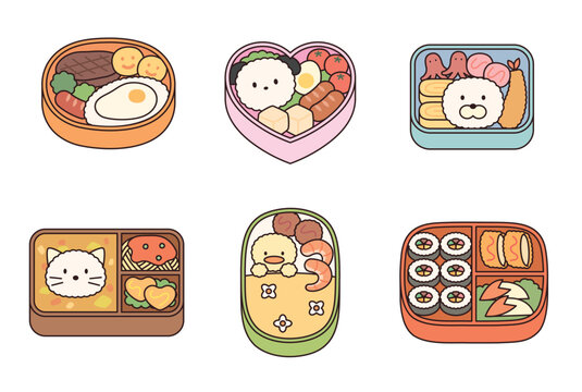 Prettyly decorated lunch boxes. Animal shapes and various foods. Cute character with a round face, featuring a design and geometric shape.