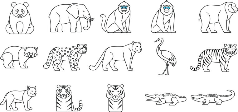 Wild Animal Line Icon Set with Panda, Elephant, Monkey, Bear, Tiger, Leopard, Crocodile, Crane, and Safari Wildlife Outline Vector Collection
