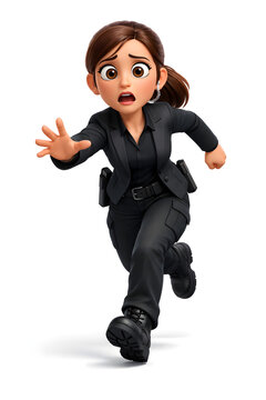 ACG animated female police officer running in panic.