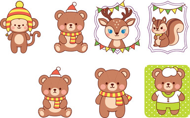 Fototapeta premium Cute forest animal character vector set with bear, monkey, deer and squirrel, kawaii cartoon collection with winter accessories isolated on white background illustration