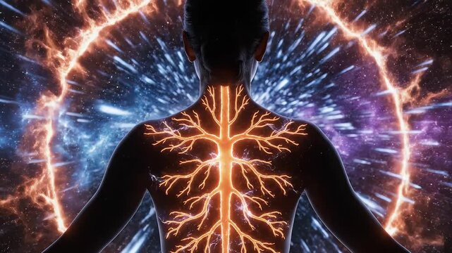 Human figure with glowing neural network against cosmic background