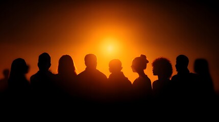 Fototapeta premium Silhouette of Diverse Group of People Standing Together Against a Bright Orange Sunset Sky.
