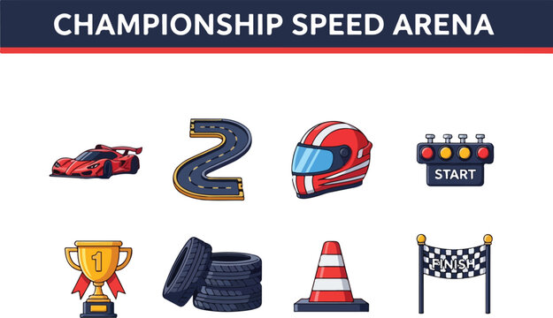Collection of racing sport icons, including a race car, helmet, trophy, and checkered flag