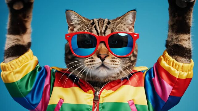 Cat in colorful jacket and sunglasses