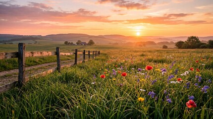 Fototapeta premium Sunrise brings serene glow to a field of wildflowers with fence and mountains