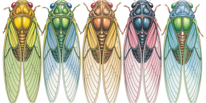 Five colorful cicada insects arranged in a row showing diverse vibrant body and wing patterns Vector