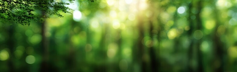 Obraz premium A serene forest scene with soft sunlight filtering through lush green foliage, creating a peaceful and calming atmosphere.