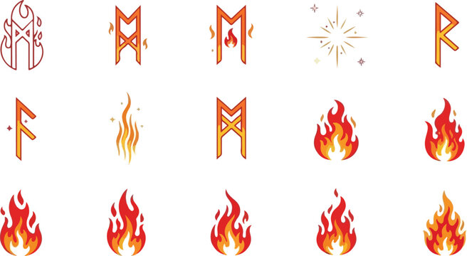 Collection of Viking runes and stylized flames with a magical glowing effect, perfect for fantasy-themed designs