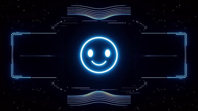 Glowing neon smiley face in futuristic cyberpunk interface with blue HUD elements, digital happiness and AI emotion concept