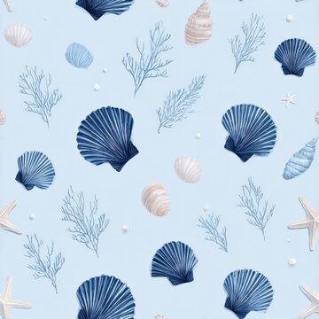 Seamless nautical shell pattern in blue and ivory watercolor style