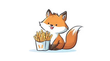 Fototapeta premium Cute Fox Character Enjoying a Delicious Portion of French Fries.