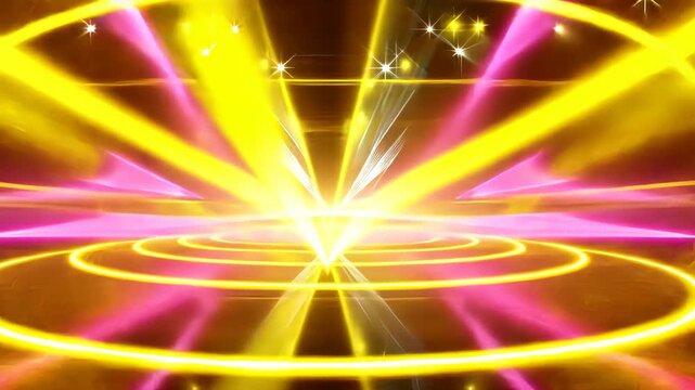 Abstract stage lighting, radiating yellow, pink, and white beams, forming concentric circles