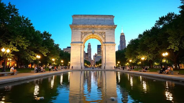 Washington Square Arch at dusk in New York City, featuring its reflection in the park fountain pool, surrounded by green trees and city lights with the Manhattan skyline backdrop.
