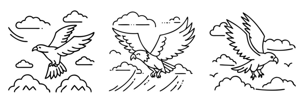 stylized illustration of soaring eagles against a backdrop of fluffy clouds