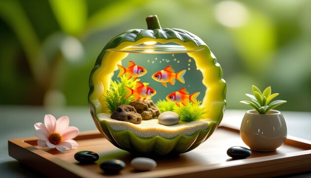 Creative Green Fruit Aquarium with Mini Fish Tank and Zen Garden Elements on Wooden Tray