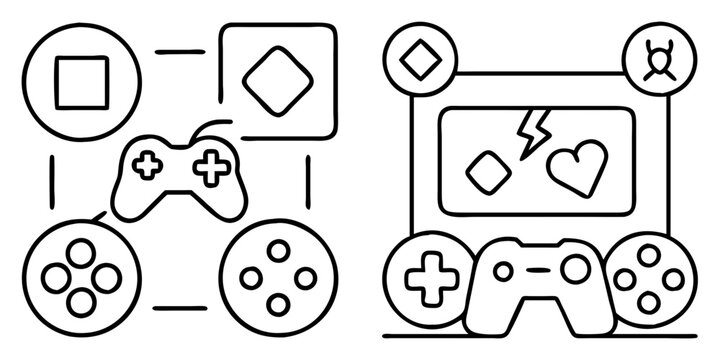 Black and white gamer icons showcasing modern and classic gaming elements