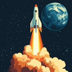 Naklejka premium A large rocket ignites its engines and ascends into space above planet Earth with dramatic fire and smoke trailing behind , vector style simple color