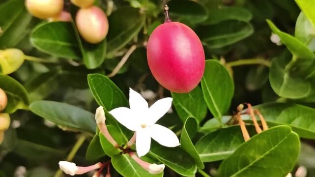 A close-up image of a cluster of bright red carissa carandas fruits hanging from branches amidst lush green foliage.