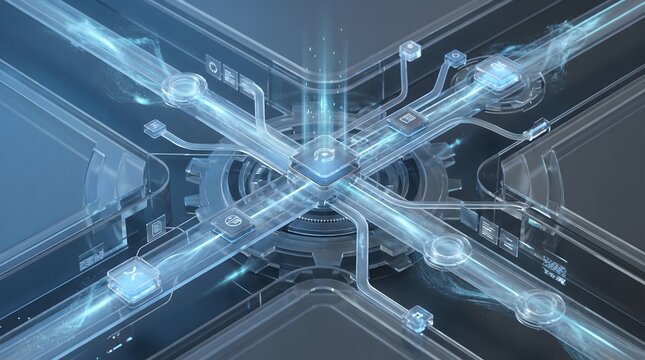 Futuristic technological hub with glowing blue conduits and intricate digital connections, representing advanced data transfer and network infrastructure