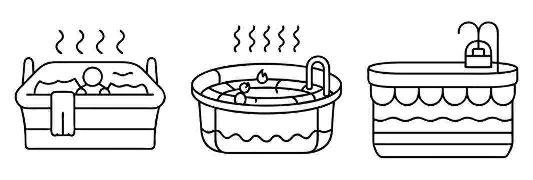 Three different steaming hot tubs or jacuzzi with wavy water outlines