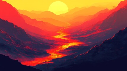 Obraz premium Fiery river valley sunset, digital art, landscape, background