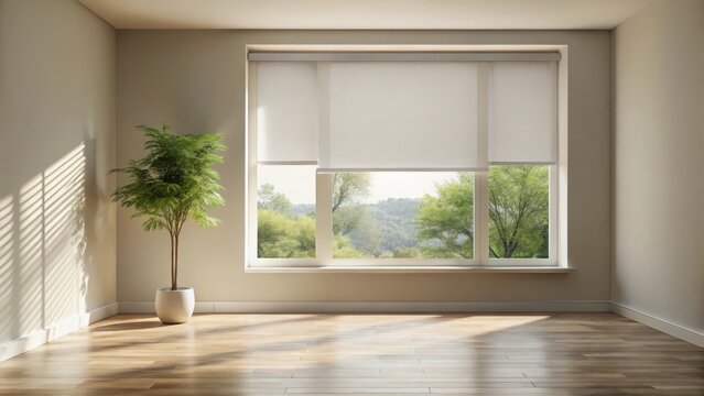 A photo of minimalist design featuring a pristine white roller blind against a neutral background, capturing simplicity and elegance in form