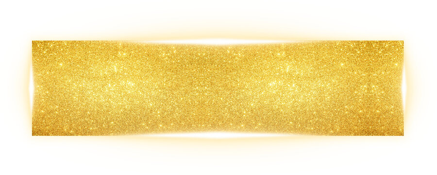 Luxury golden glitter rectangle button with glowing edges on white