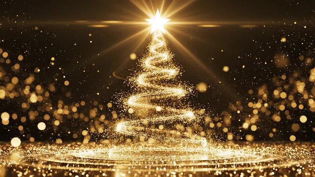 Golden Christmas tree with star and sparkles