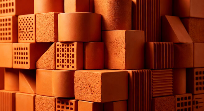 A modern abstract composition of stacked terracotta geometric blocks and bricks featuring diverse tactile textures, patterns, and warm earthy tones.