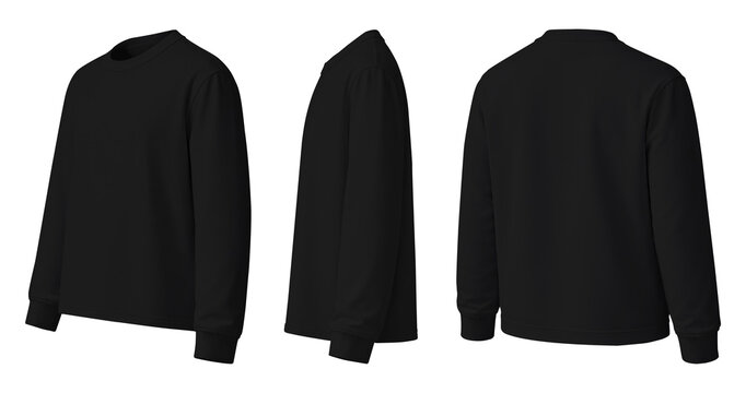 Blank Black Long Sleeve Crew Neck T-Shirt Mockup, Front Side Back Views, Plain Sweatshirt Template on White