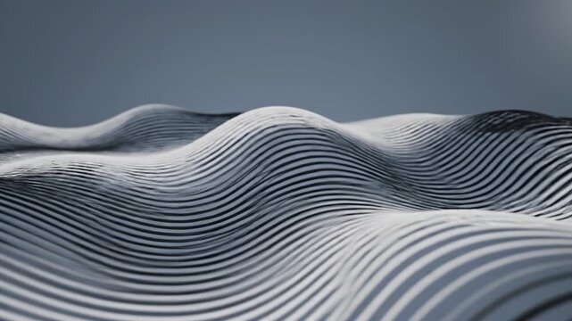 Abstract 3D render of undulating topographic waves featuring alternating thin black and white parallel lines on a gray-blue background with selective focus and depth of field.
