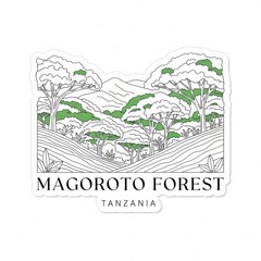 Magoroto Forest travel sticker design featuring tropical mountains, lush greenery, and scenic adventure vibes from Magoroto Forest Estate. 