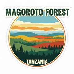 Magoroto Forest travel sticker design featuring tropical mountains, lush greenery, and scenic adventure vibes from Magoroto Forest Estate. 