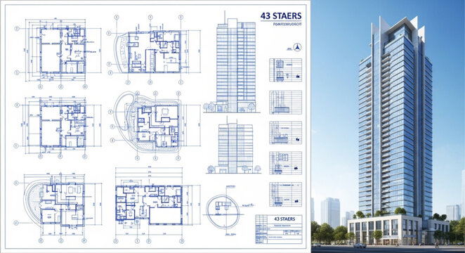 Architectural blueprints and a modern high-rise building, a visual comparison.