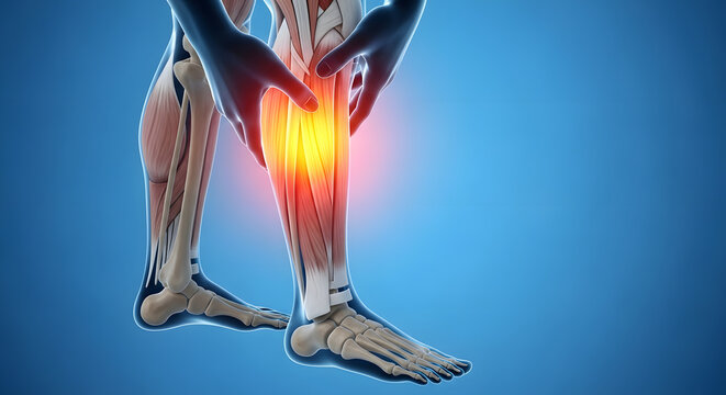3D medical illustration of human leg pain and muscle strain