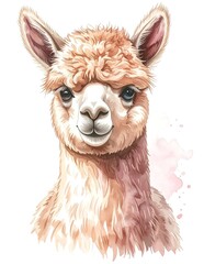 Fototapeta premium Watercolor Portrait of a Cute Alpaca with Soft Fur and Gentle Eyes.