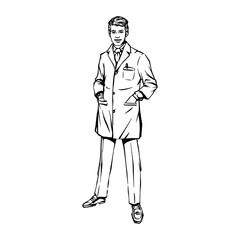 Obraz premium Professional Male Doctor Standing Pose Vintage Line Art Illustration