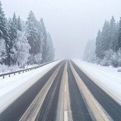 Obraz premium Winter Road Through Snowy Forest - A Serene Journey.