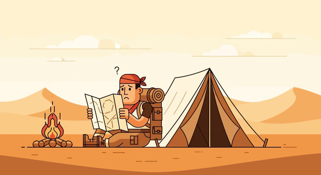 Lost Adventurer Confused By Desert Map Beside Campfire And Tent