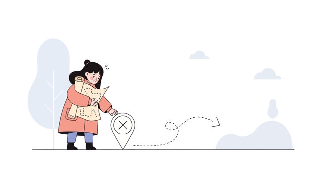 Lost And Confused Little Girl Holding A Map With A Location Marker And A Destination