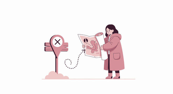 Lost Direction Woman Confused By Map Near Incorrect Signpost
