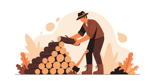 Lumberjack Piling Firewood For Winter Season