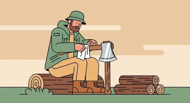Lumberjack Sharpening Axe Next To Firewood Pile