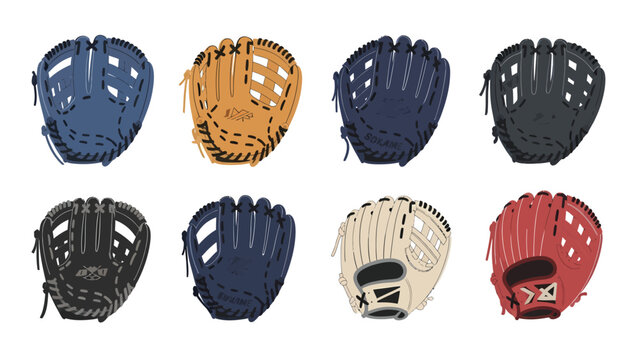 Set of baseball and softball gloves in various colors. Flat vector illustration of sports mitts on white background.